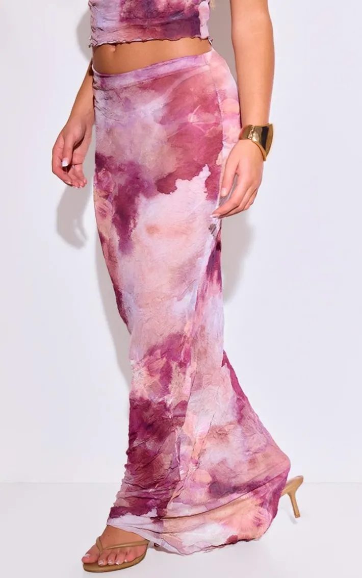 Purple Abstract Print Crushed Mesh Mid Rise Maxi Skirt