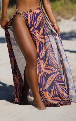 Purple Abstract Swirl Print Ring Split Maxi Skirt