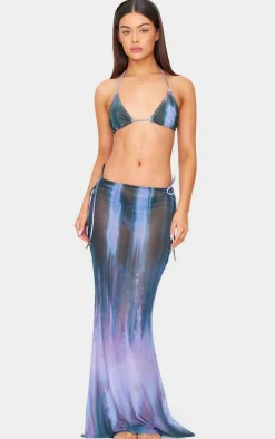 Purple Blur Print Mesh Bodycon Maxi Beach Skirt