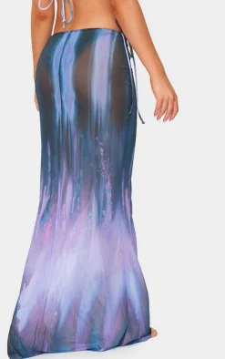 Purple Blur Print Mesh Bodycon Maxi Beach Skirt