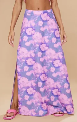 Purple Blurred Floral Print Woven Floaty Maxi Skirt