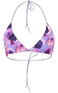 Purple Blurred Floral Print Triangle Bikini Top