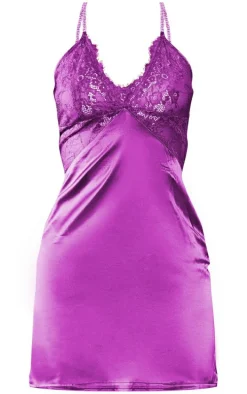 Purple Diamante Strap Lace Cup Satin Shift Dress