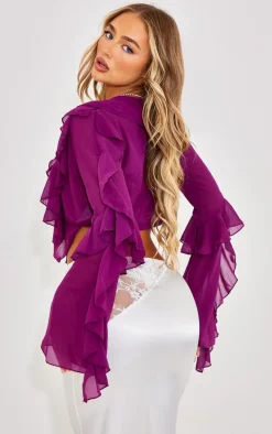 Purple Extreme Frill Tie Front Flare Sleeve Blouse