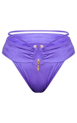 Purple Feather Trim Ruched Waist Bikini Bottoms