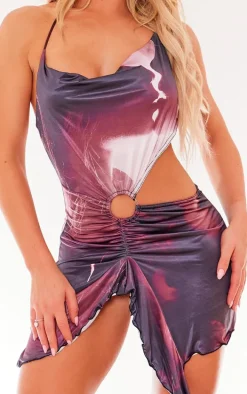 Purple Floral Draped Ring Detail Cowl Neck Mini Dress