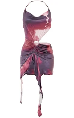 Purple Floral Draped Ring Detail Cowl Neck Mini Dress