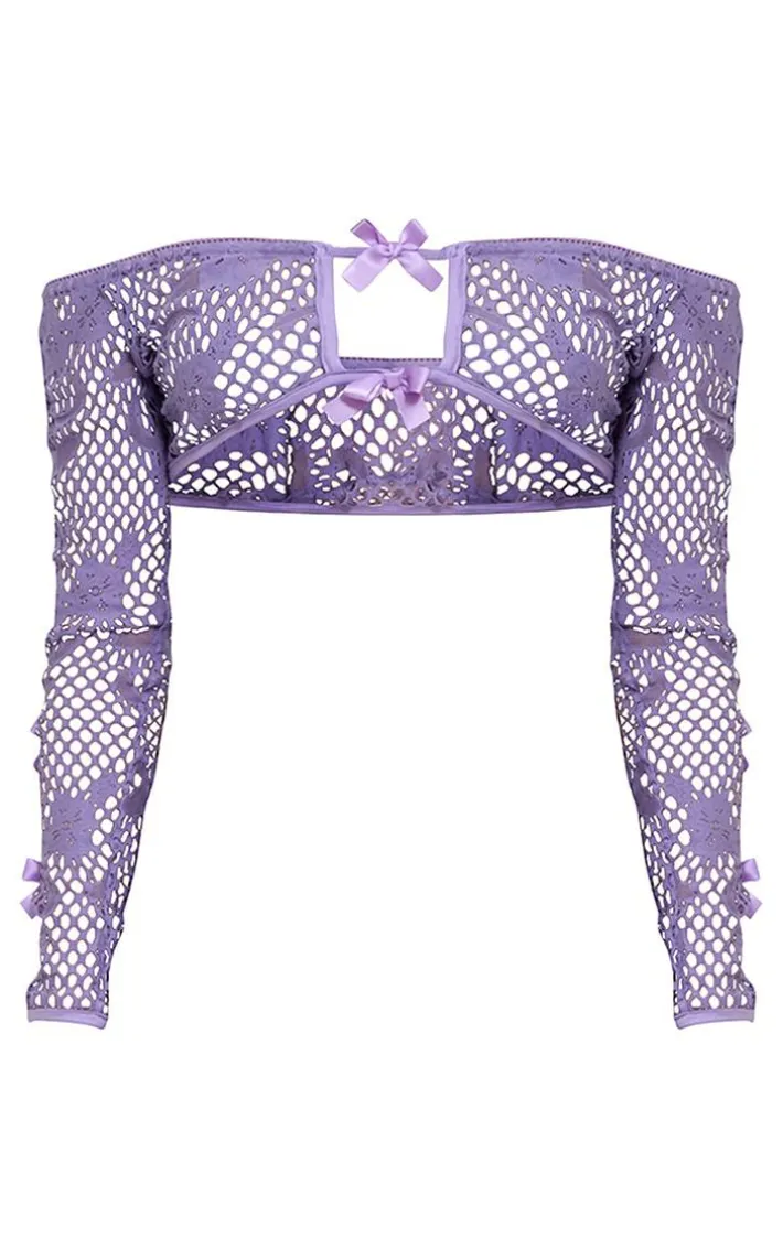 Purple Floral Fishnet Bow Detail Long Sleeve Bardot Crop Top