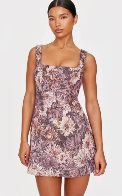 Purple Floral Jacquard Print Corset Mini Shift Dress