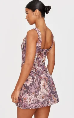 Purple Floral Jacquard Print Corset Mini Shift Dress