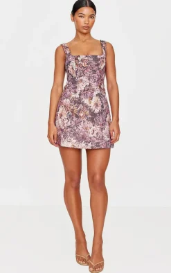 Purple Floral Jacquard Print Corset Mini Shift Dress