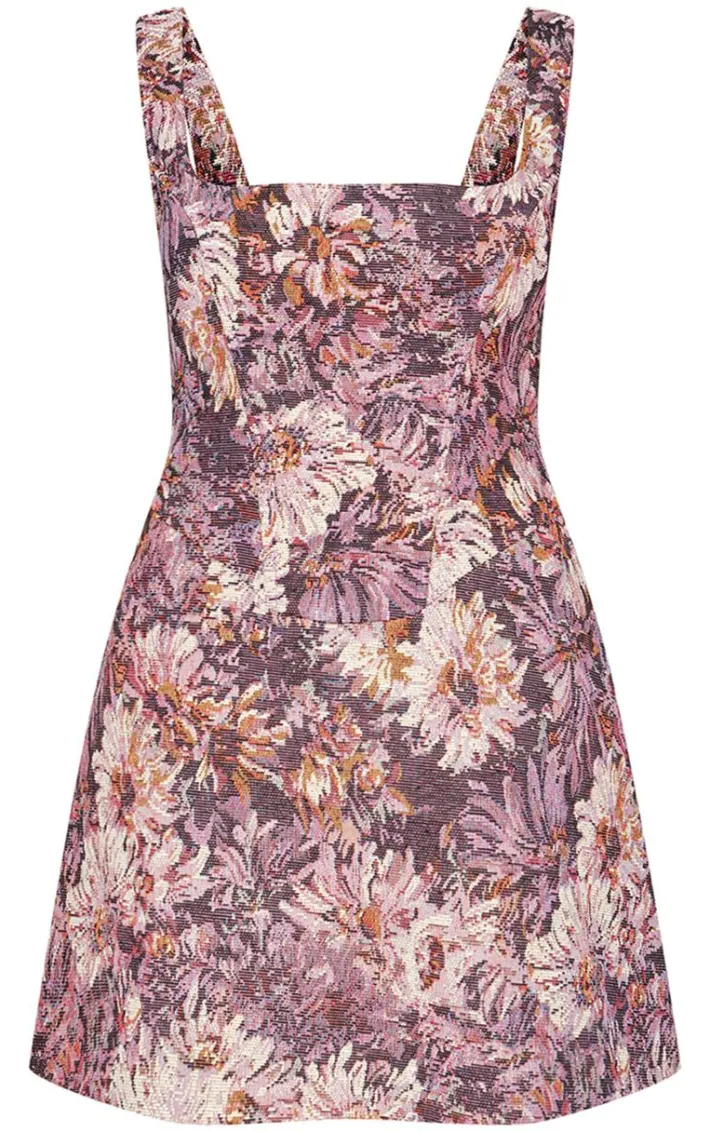 Purple Floral Jacquard Print Corset Mini Shift Dress