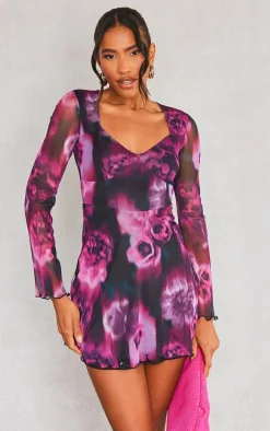 Purple Floral Print Mesh Underbust Detail Shift Dress