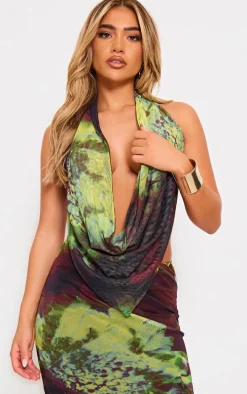 Purple Floral Print Mesh Cowl Backless Top