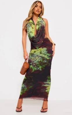 Purple Floral Print Mesh Cowl Backless Top