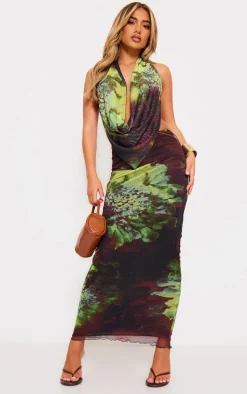 Purple Floral Print Mesh Low Rise Maxi Skirt