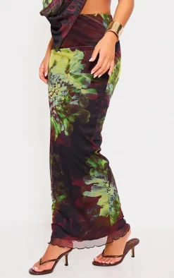 Purple Floral Print Mesh Low Rise Maxi Skirt
