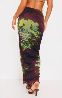 Purple Floral Print Mesh Low Rise Maxi Skirt