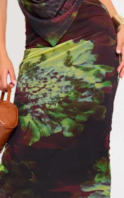Purple Floral Print Mesh Low Rise Maxi Skirt
