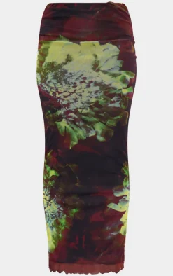 Purple Floral Print Mesh Low Rise Maxi Skirt