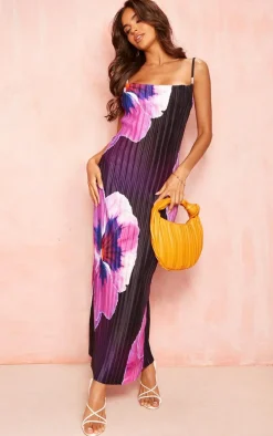 Purple Floral Print Plisse Cowl Neck Maxi Dress