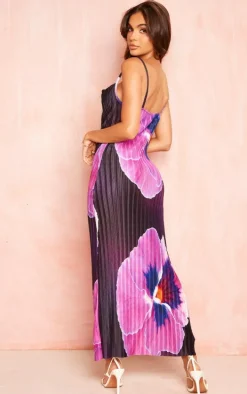 Purple Floral Print Plisse Cowl Neck Maxi Dress