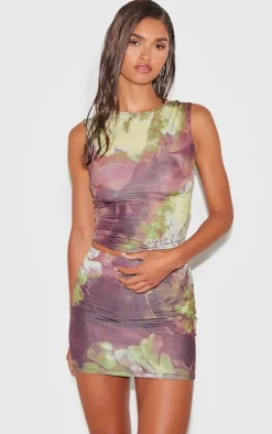 Purple Floral Printed Low Rise Slinky Micro Mini Skirt