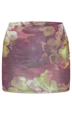 Purple Floral Printed Low Rise Slinky Micro Mini Skirt