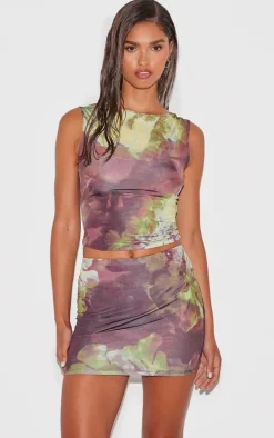 Purple Floral Printed Slinky Open Back Cap Sleeve Longline Top