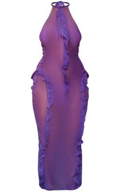 Purple Glitter Mesh Ruffle Maxi Beach Dress
