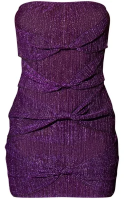Purple Glitter Plisse Knot Detail Bandeau Bodycon Dress
