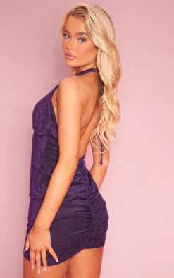 Purple Glitter Slinky Halter Neck Mini Dress