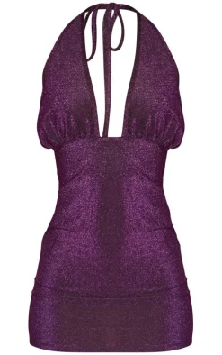 Purple Glitter Slinky Halter Neck Mini Dress