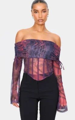 Purple Mesh Bardot Boning Corset