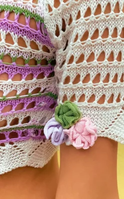 Purple Open Crochet Knit Lace Up Floral Applique Top