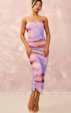Purple Palm Print Mesh Bandeau Ruched Maxi Dress