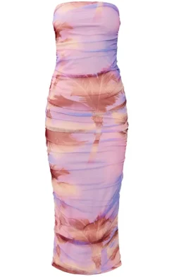 Purple Palm Print Mesh Bandeau Ruched Maxi Dress