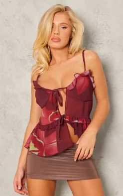 Purple Printed Chiffon Tie Front Ruffle Top