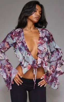 Purple Printed Sheer Woven Ruffle Tie Crop Blouse