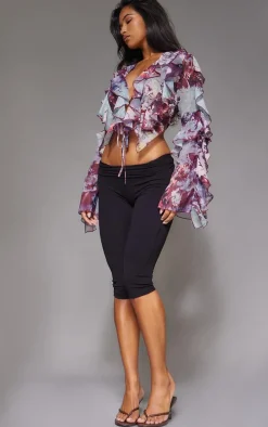 Purple Printed Sheer Woven Ruffle Tie Crop Blouse