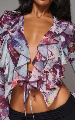 Purple Printed Sheer Woven Ruffle Tie Crop Blouse
