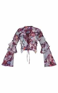 Purple Printed Sheer Woven Ruffle Tie Crop Blouse