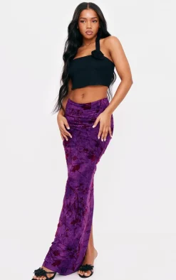 Purple Printed Soft Touch Devore Ruched Side Maxi Skirt