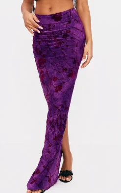 Purple Printed Soft Touch Devore Ruched Side Maxi Skirt