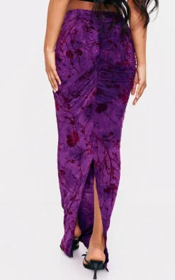 Purple Printed Soft Touch Devore Ruched Side Maxi Skirt