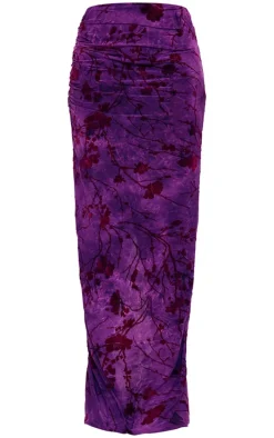 Purple Printed Soft Touch Devore Ruched Side Maxi Skirt