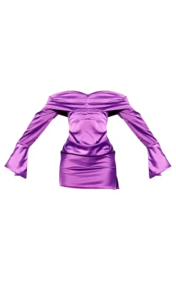 Purple Satin Bardot Ruched Long Sleeve Mini Dress