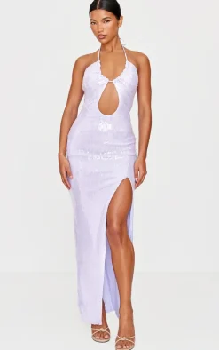 Purple Sequin Tie Neck Cut Out Maxi Dress