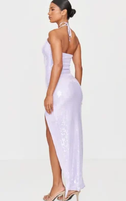 Purple Sequin Tie Neck Cut Out Maxi Dress