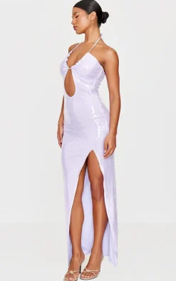 Purple Sequin Tie Neck Cut Out Maxi Dress